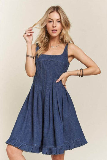 ADORA Smocked Back Square Neck Denim Dress - Hovatok