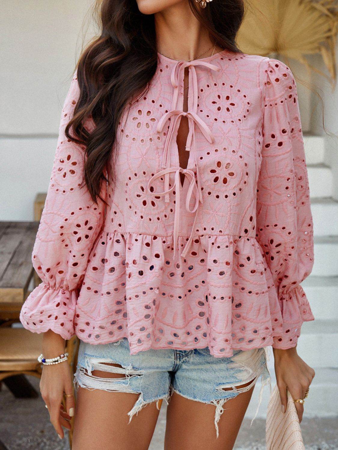 Devine Tie Front Flounce Sleeve Peplum Blouse - Hovatok