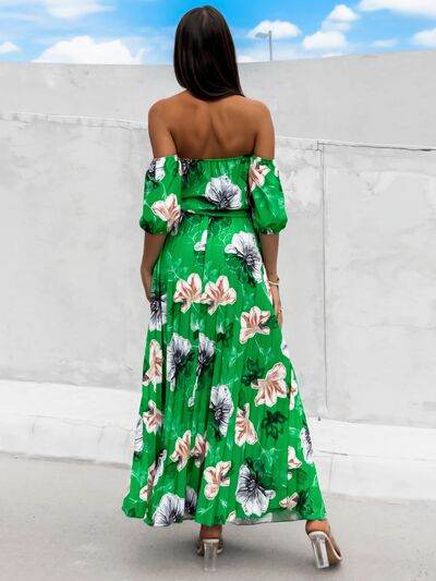 Pleated Floral Off-Shoulder Short Sleeve Midi Dress - Hovatok