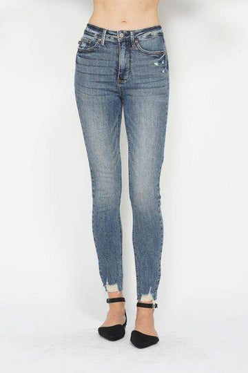 Judy Blue Full Size Tummy Control Vintage Wash Hem Destroy Skinny Jeans - Hovatok
