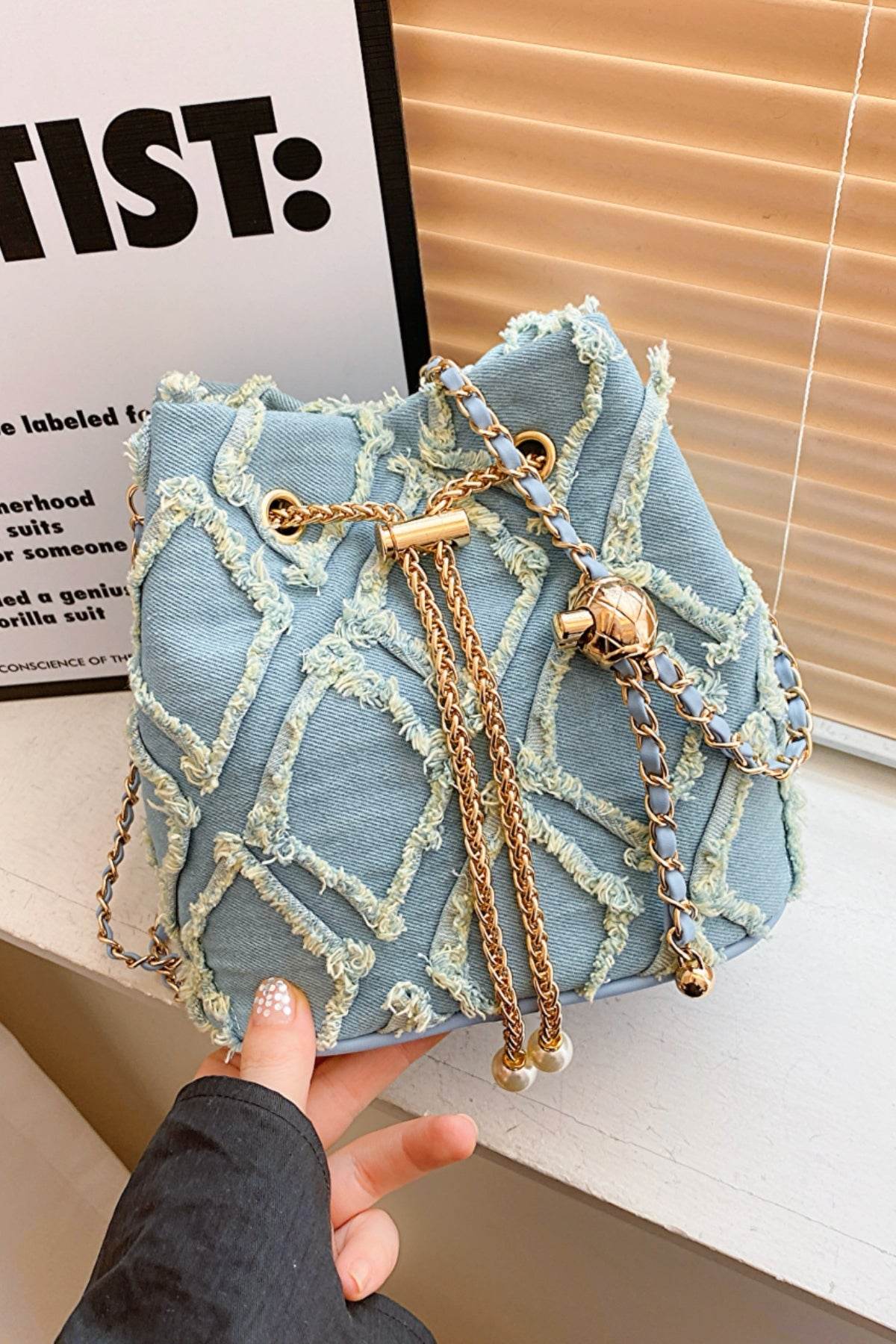 Chain Drawstring Raw Edge Denim Bucket Bag - Hovatok
