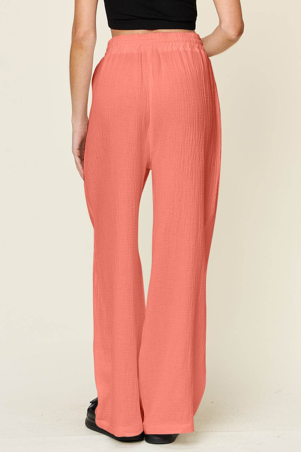 Double Take Full Size Texture Drawstring Wide Leg Pants - Hovatok