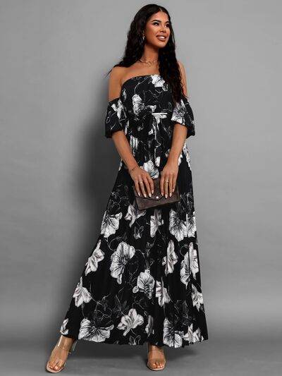 Pleated Floral Off-Shoulder Short Sleeve Midi Dress - Hovatok