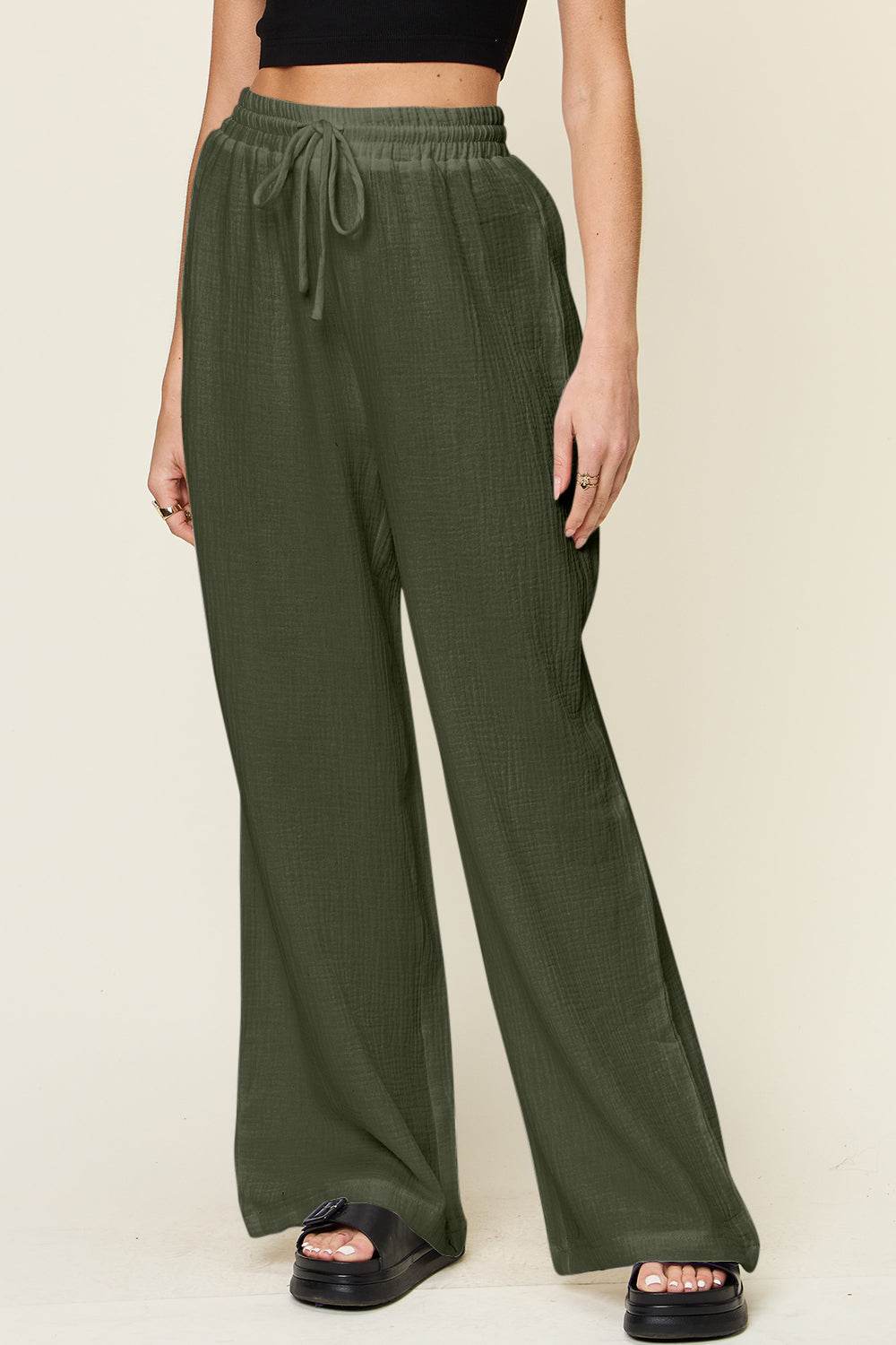 Double Take Full Size Texture Drawstring Wide Leg Pants - Hovatok