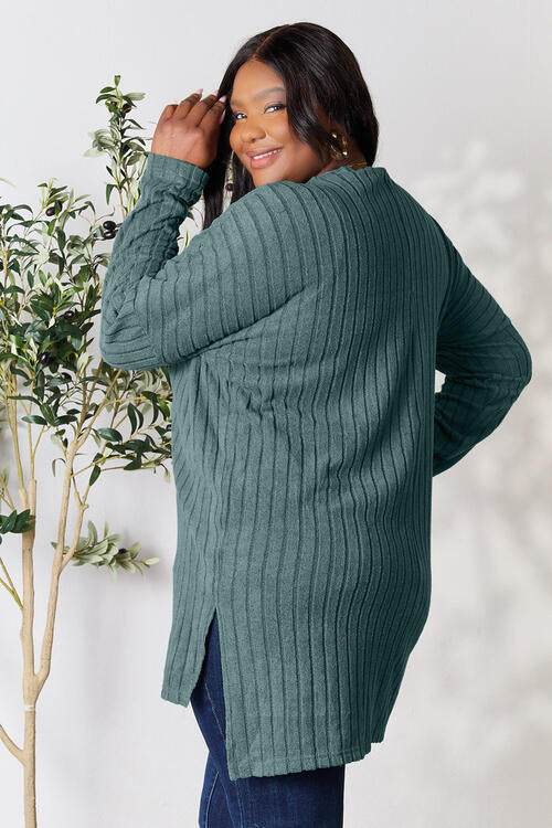 Basic Bae Full Size Ribbed Round Neck Long Sleeve Slit Top - Hovatok