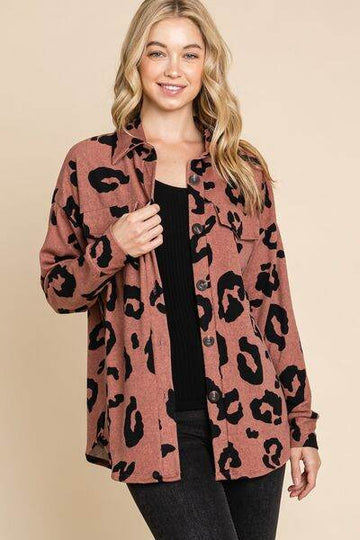 BOMBOM Animal Print Button Up Knit Shacket - Hovatok