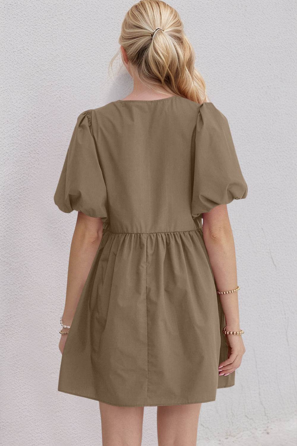 Oh Bow Ruched Puff Sleeve Mini Dress - Hovatok
