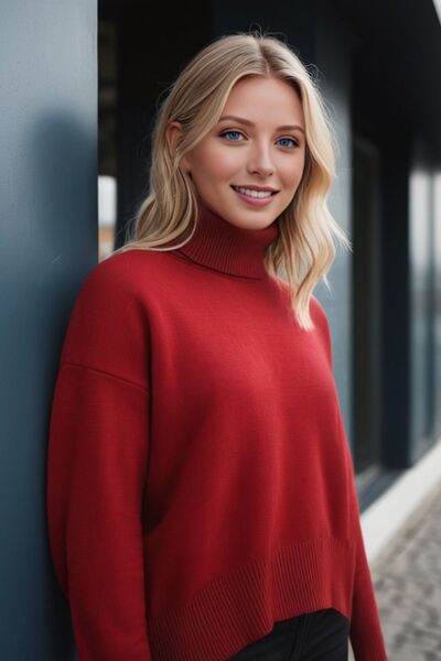 Basic Bae Turtleneck Dropped Shoulder Long Sleeve Sweater - Hovatok