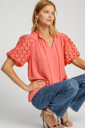 Umgee Full Size Heart Lace Sleeve Ruffle Collar Top Plus Size - Hovatok