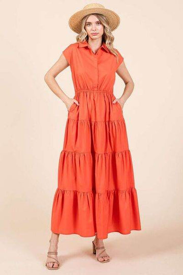 Mittoshop Button Up Collared Tiered Maxi Shirt Dress - Hovatok