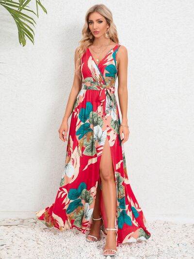 Slit Tied Printed Surplice Dress - Hovatok