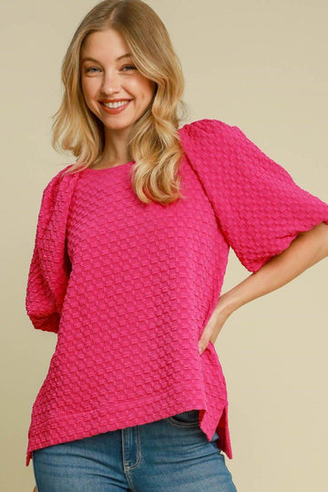 Umgee Full Size Boxy Cut Jacquard Round Neck Top with Side Slit Plus Size - Hovatok