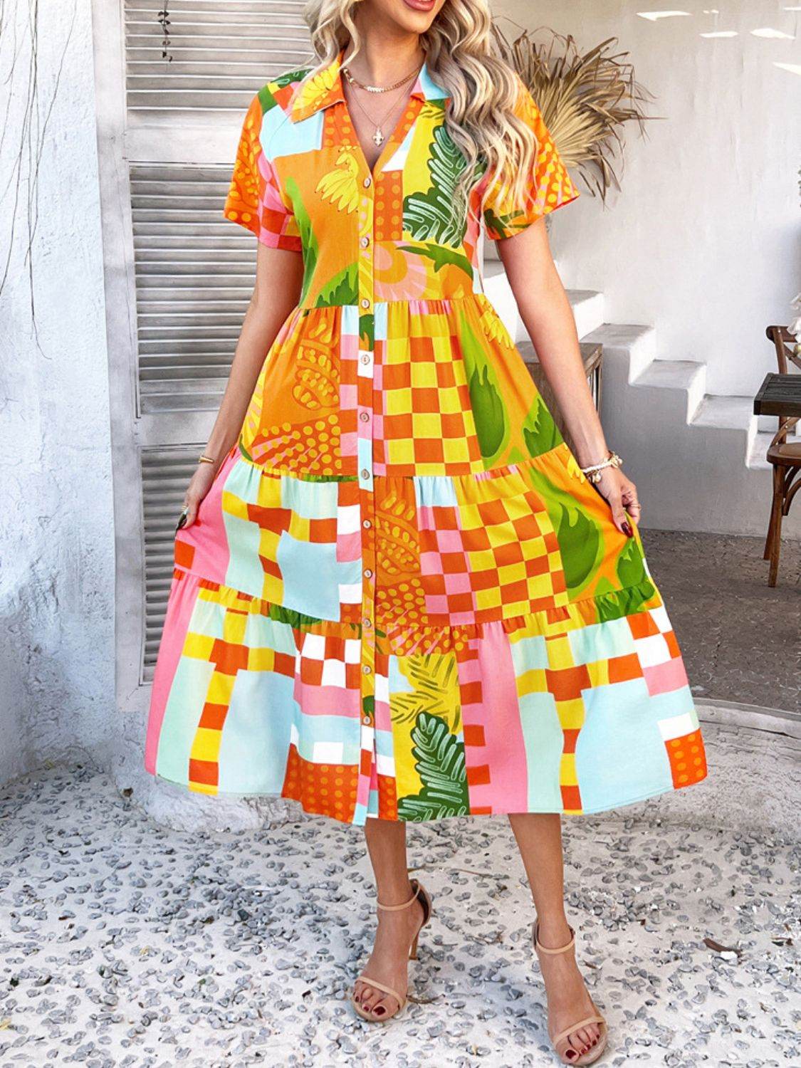 Devine Printed Johnny Collar Button Down Short Sleeve Midi Shirt Dress - Hovatok