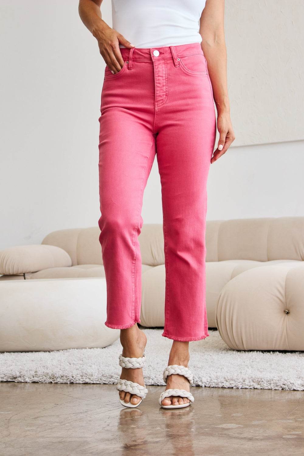 RFM Crop Dylan Full Size Tummy Control High Waist Raw Hem Jeans - Hovatok
