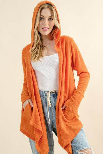 And The Why Full Size Thermal Hooded Open Front Cardigan with Pockets - Hovatok