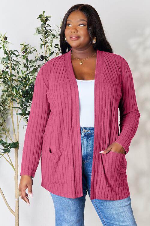 Basic Bae Full Size Ribbed Open Front Cardigan with Pockets - Hovatok