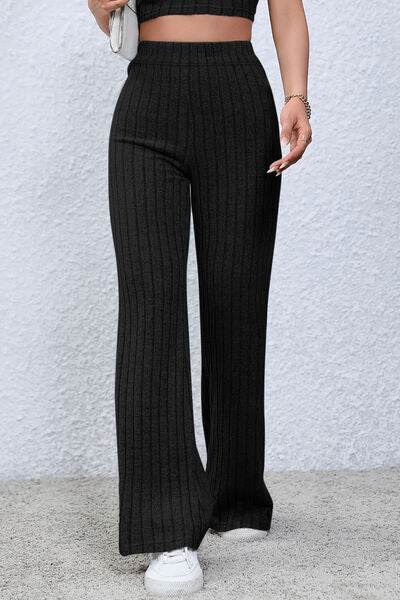 Basic Bae Full Size Ribbed High Waist Flare Pants - Hovatok