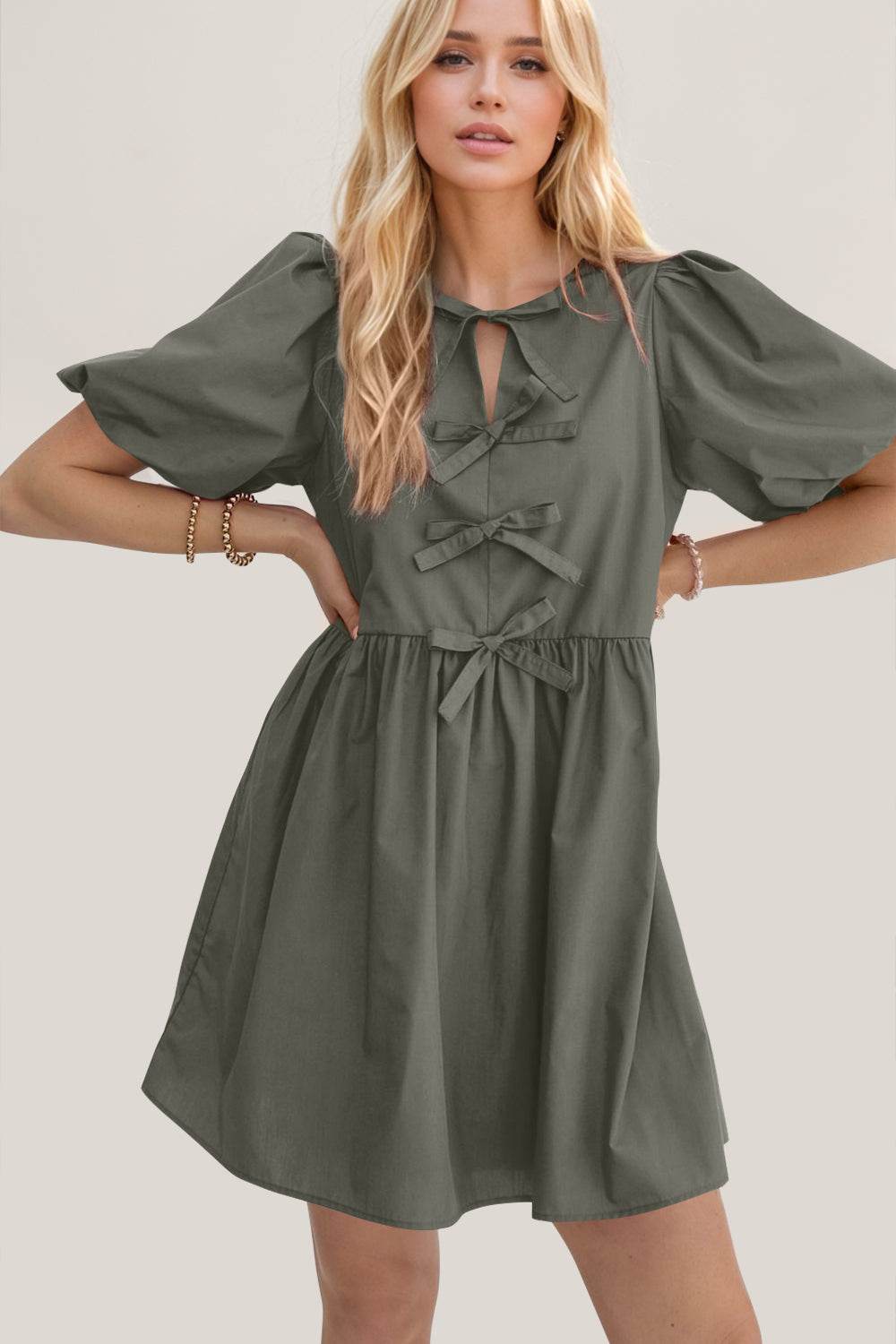 Oh Bow Ruched Puff Sleeve Mini Dress - Hovatok
