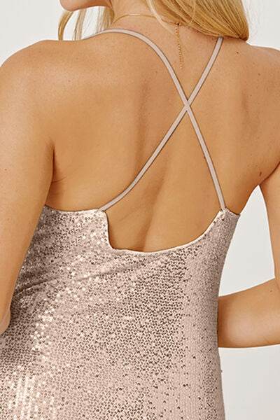 Sequin Spaghetti Strap Mini Wrap Dress - Hovatok