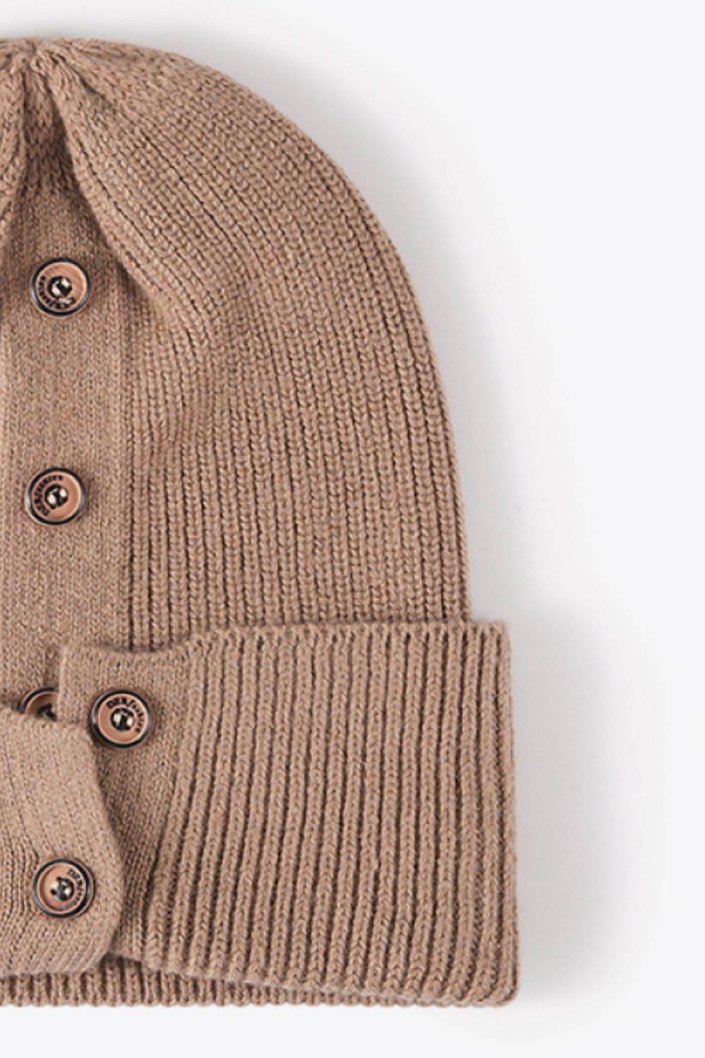 Button Detail Rib-Knit Cuff Beanie - Hovatok