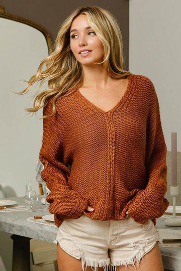 BiBi V-Neck Cable Knit Sweater - Hovatok