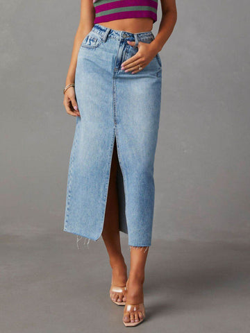 Raw Hem Front Slit Denim Midi Skirt - Hovatok