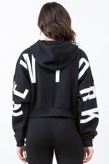 American Bazi Letter Graphic Long Sleeve Drawstring Cropped Hoodie - Hovatok