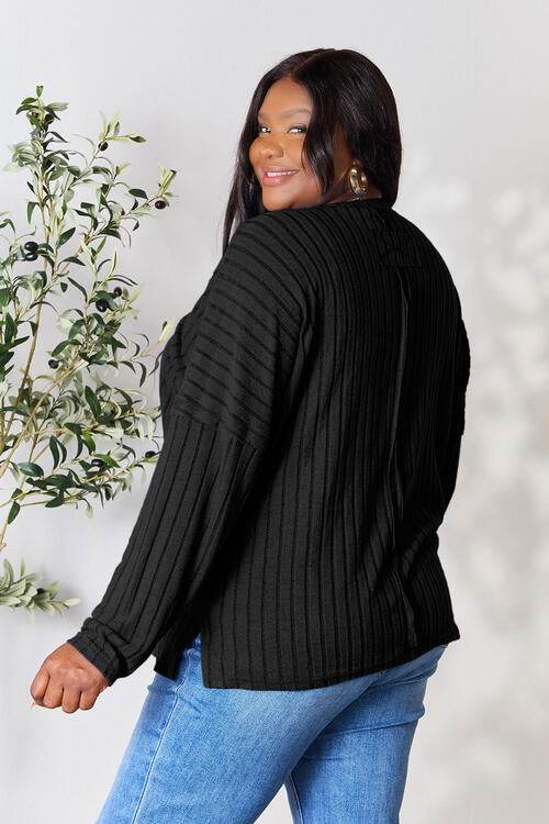 Basic Bae Full Size Ribbed Round Neck Slit Knit Top - Hovatok
