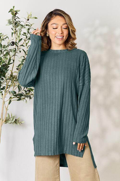 Basic Bae Full Size Ribbed Round Neck Long Sleeve Slit Top - Hovatok