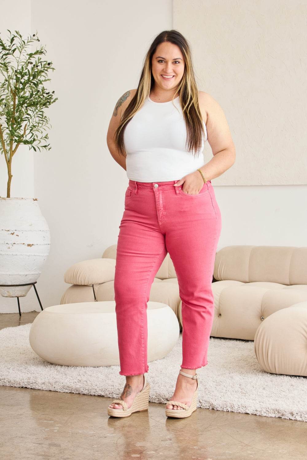 RFM Crop Dylan Full Size Tummy Control High Waist Raw Hem Jeans - Hovatok