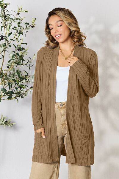 Basic Bae Full Size Ribbed Open Front Cardigan with Pockets - Hovatok