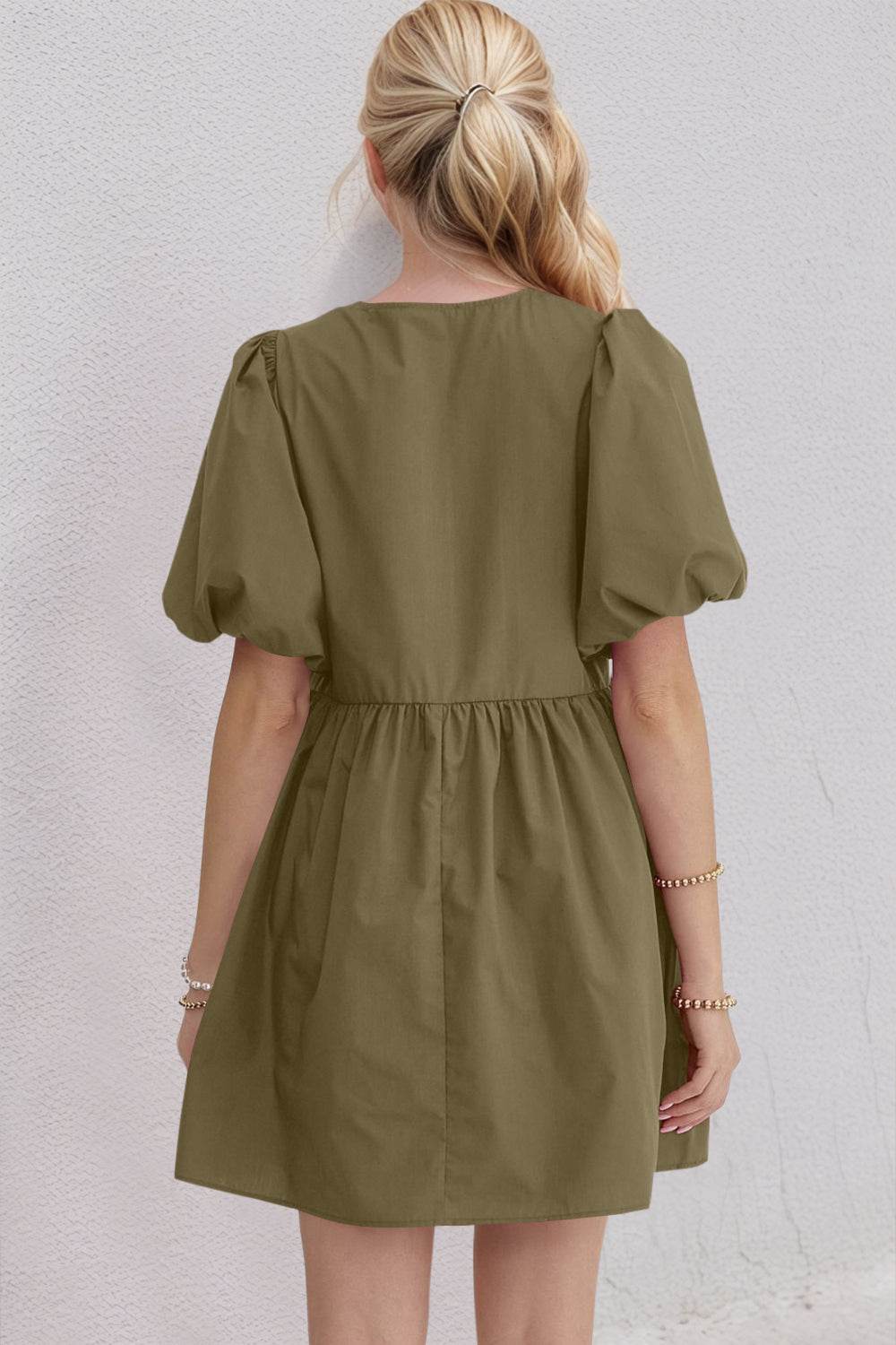 Oh Bow Ruched Puff Sleeve Mini Dress - Hovatok