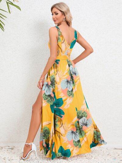 Slit Tied Printed Surplice Dress - Hovatok