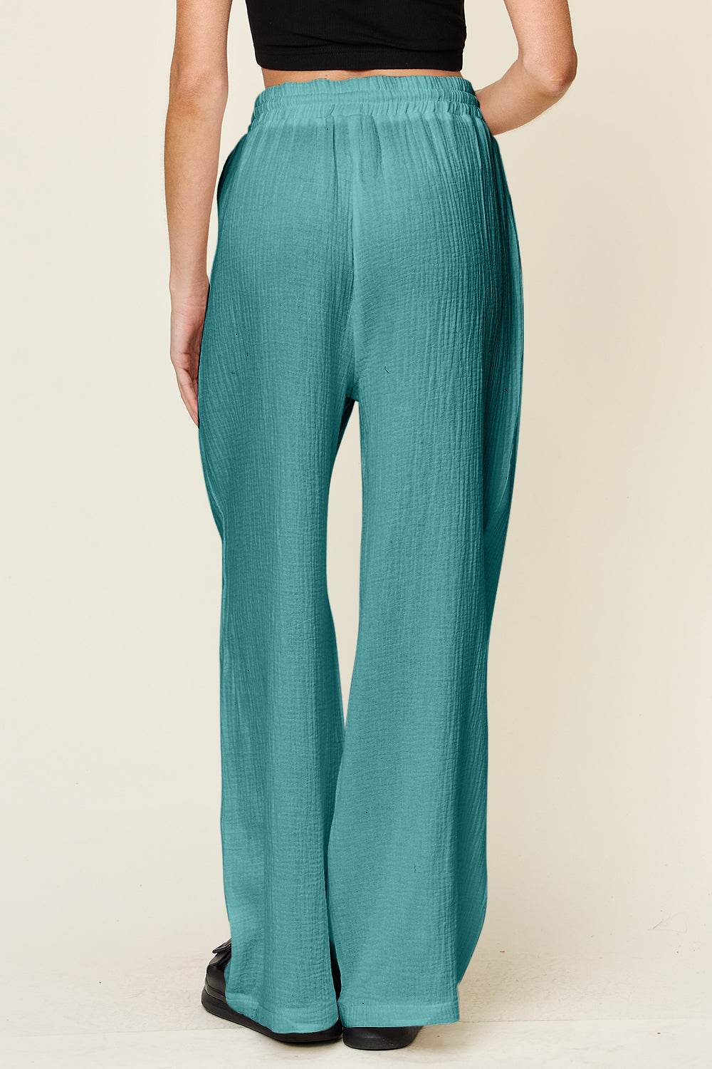 Double Take Full Size Texture Drawstring Wide Leg Pants - Hovatok