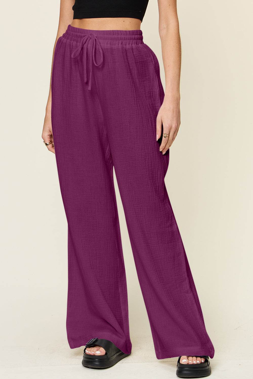 Double Take Full Size Texture Drawstring Wide Leg Pants - Hovatok