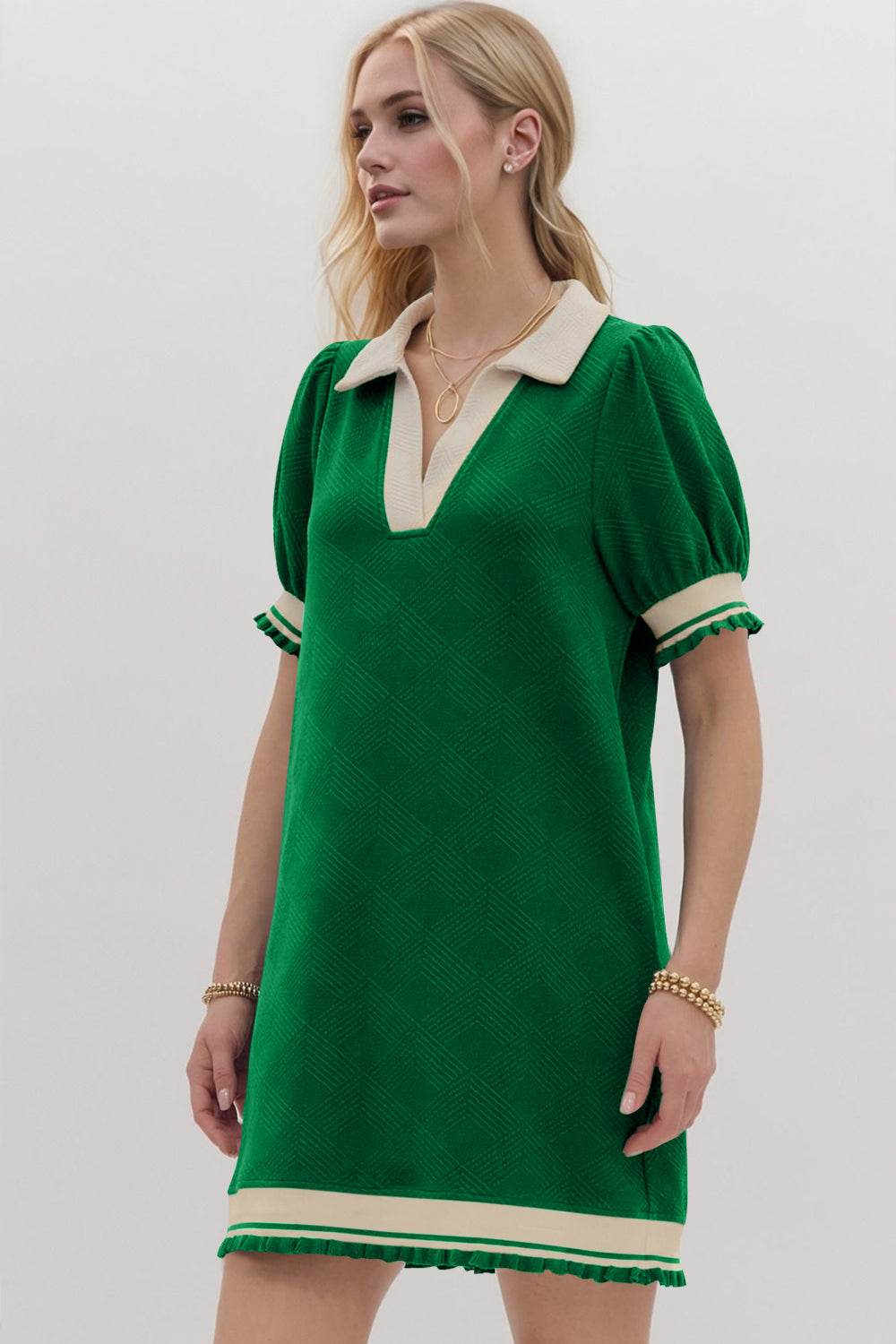 Oh Frill Contrast Trim Johnny Collar Short Sleeve Mini Dress - Hovatok