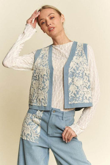 Davi & Dani Lace Patch Open Front Denim Vest - Hovatok
