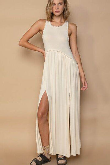 POL Sleeveless Back Zipper Front Slit Maxi Dress - Hovatok