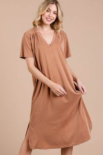 Ces Femme Side Slit Short Sleeve Midi Dress with Pockets - Hovatok