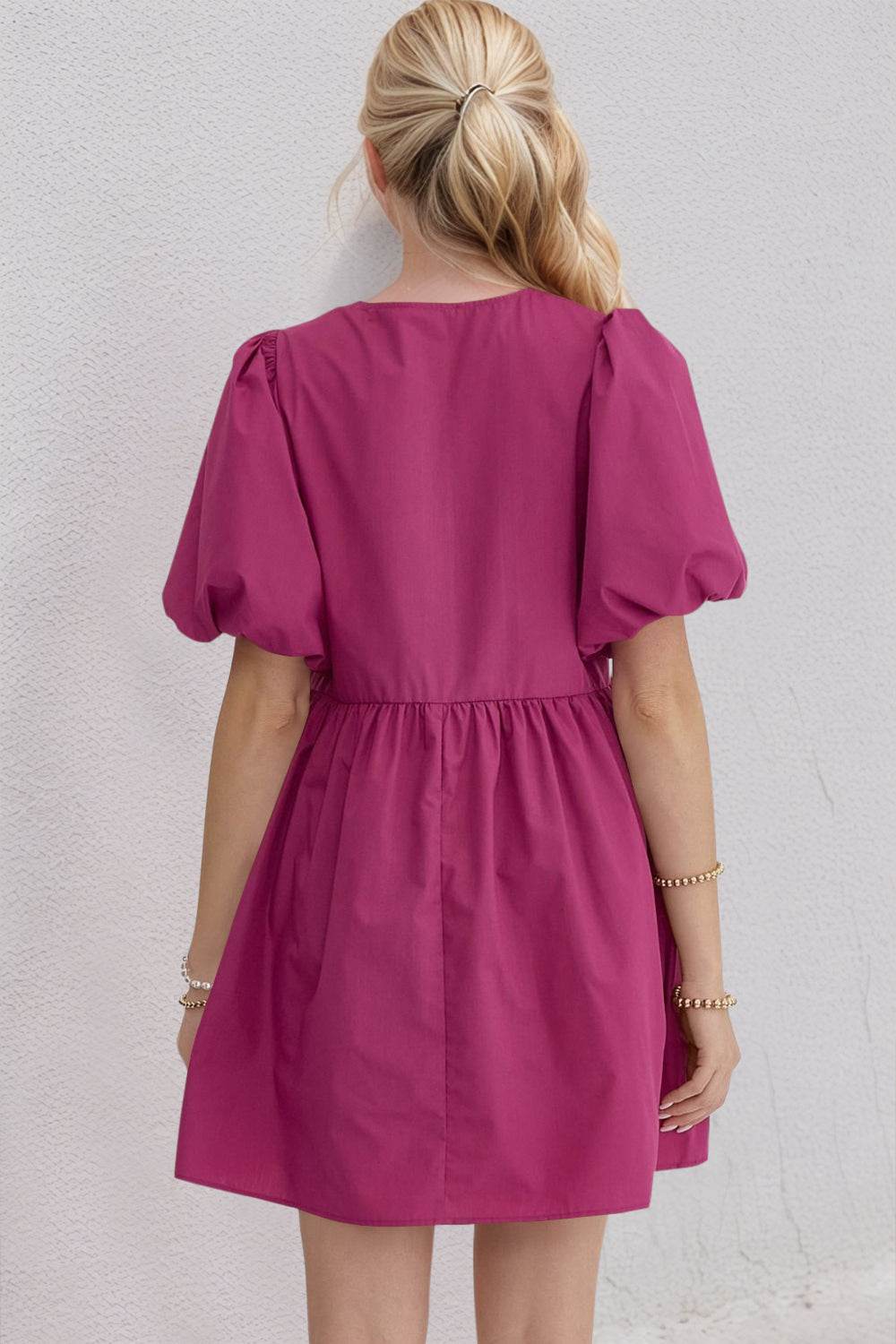 Oh Bow Ruched Puff Sleeve Mini Dress - Hovatok