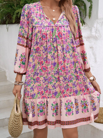 Devine Tassel Floral Tie Neck Mini Dress - Hovatok