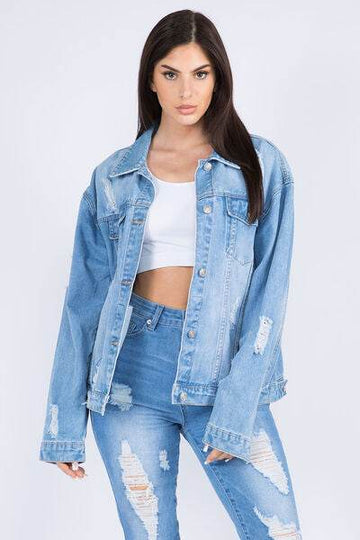 American Bazi Full Size Painted Back Distressed Denim Jacket - Hovatok