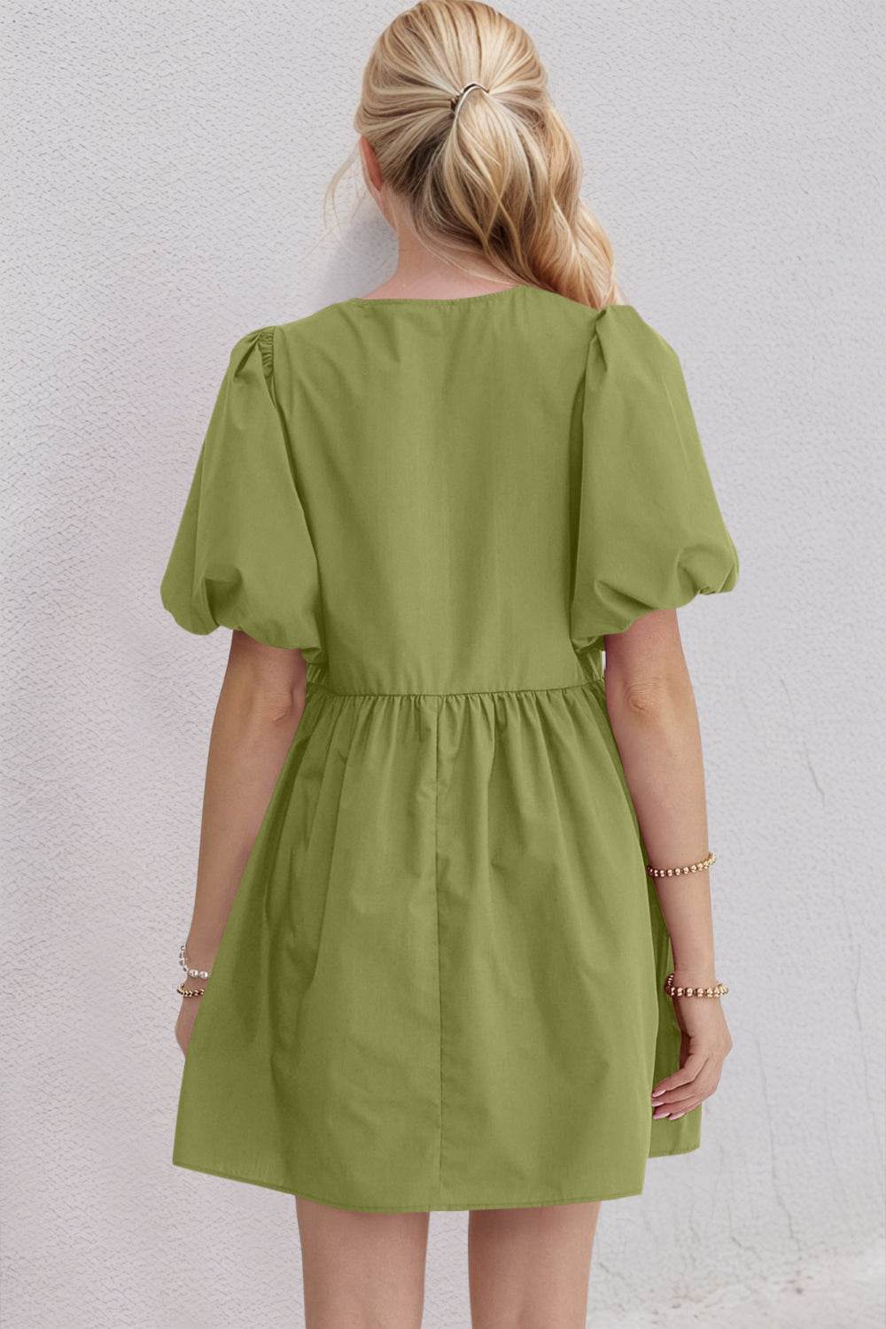 Oh Bow Ruched Puff Sleeve Mini Dress - Hovatok
