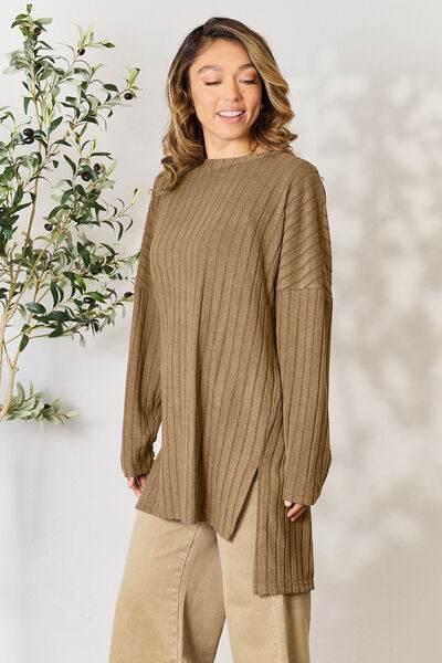 Basic Bae Full Size Ribbed Round Neck Long Sleeve Slit Top - Hovatok