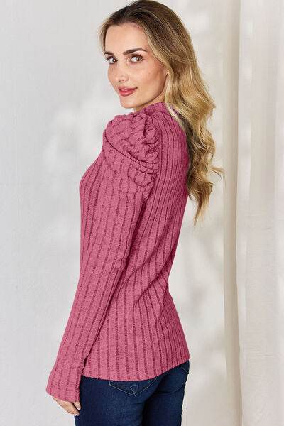 Basic Bae Full Size Ribbed Mock Neck Puff Sleeve T-Shirt - Hovatok