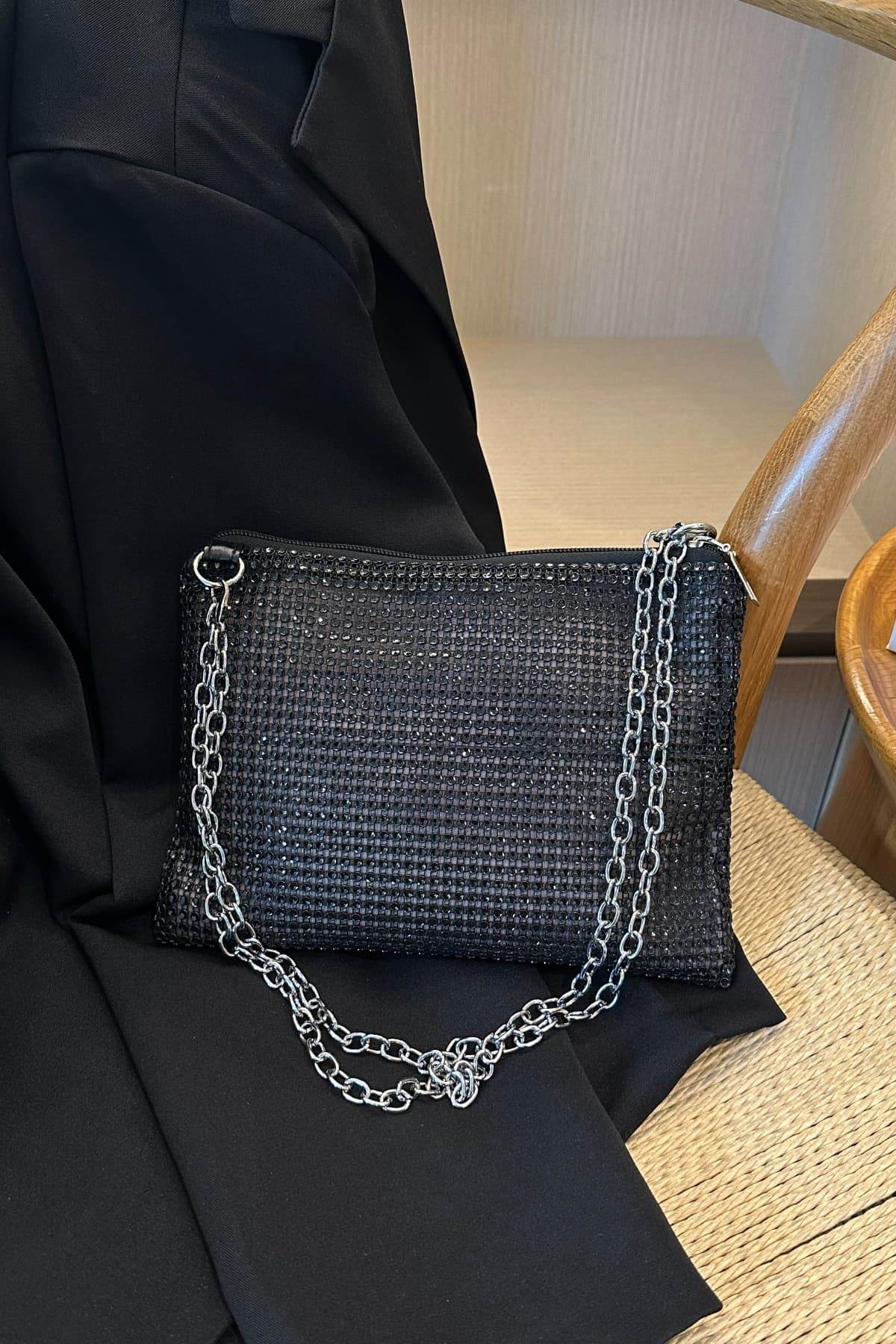 Rhinestone Polyester Chain Crossbody Bag - Hovatok