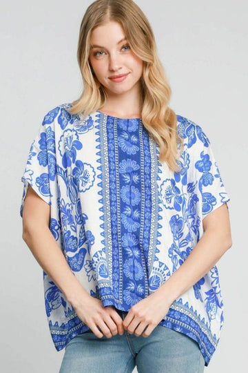 Umgee Full Size Floral Border Print Oversized Top Plus Size - Hovatok