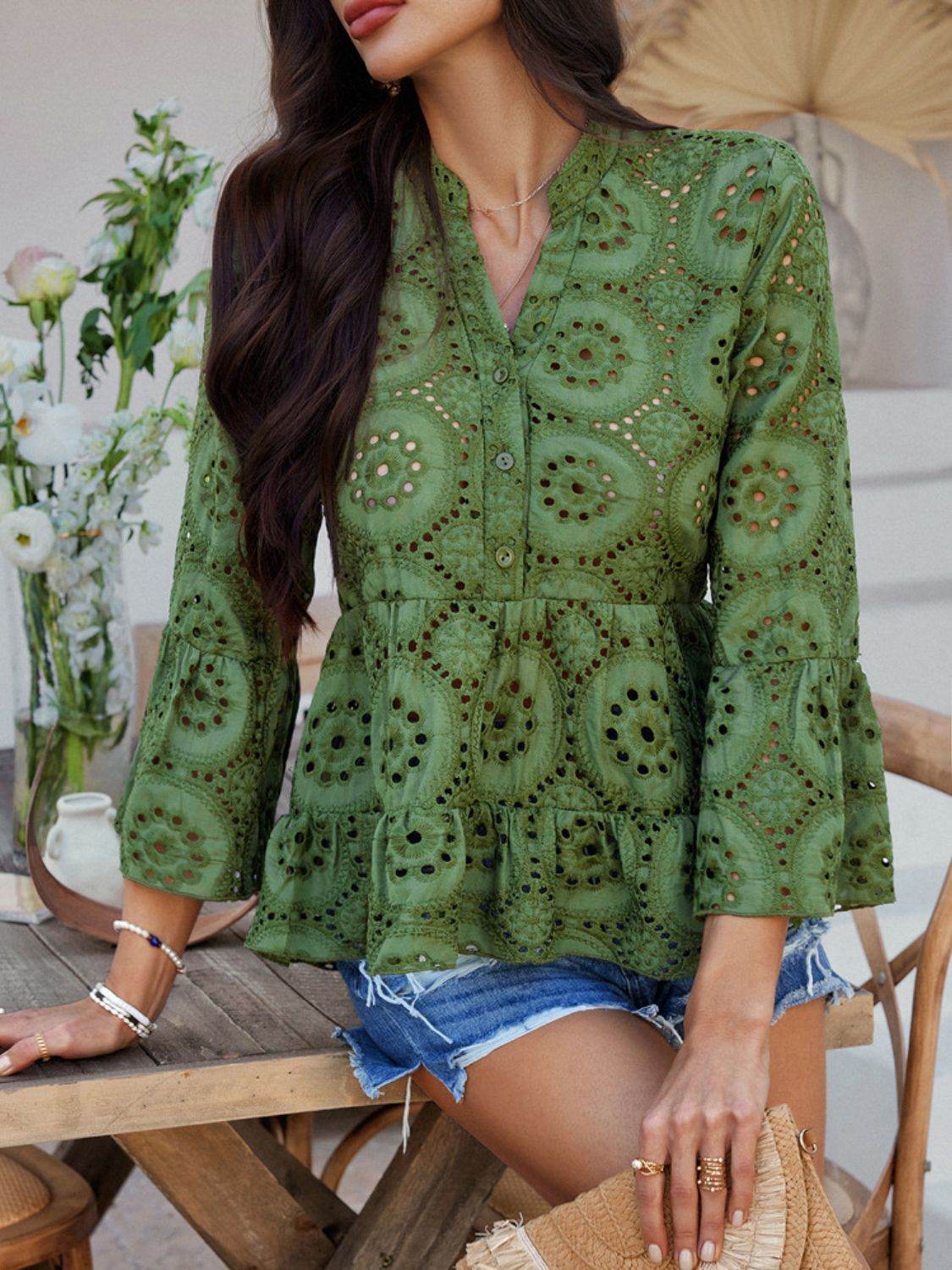 Devine Half Button Flounce Sleeve Peplum Blouse - Hovatok