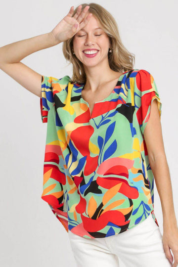 Umgee Full Size Short Sleeved Abstract Print Top Plus Size - Hovatok