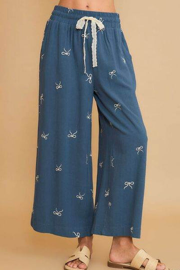 Umgee Full Size Lace Drawstring Embroidered Bow Wide Leg Pants Plus Size - Hovatok